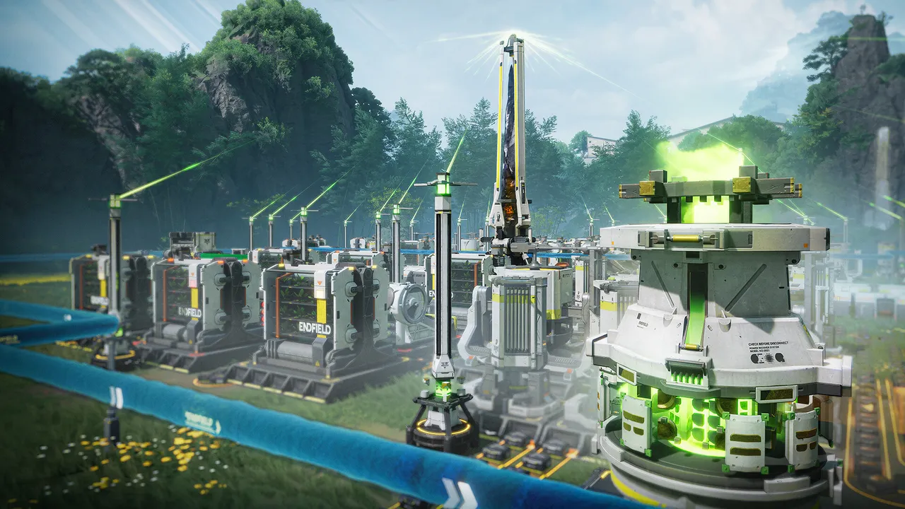 An automated factory with power towers, machines and conveyor lines in a green valley in Arknights: Endfield