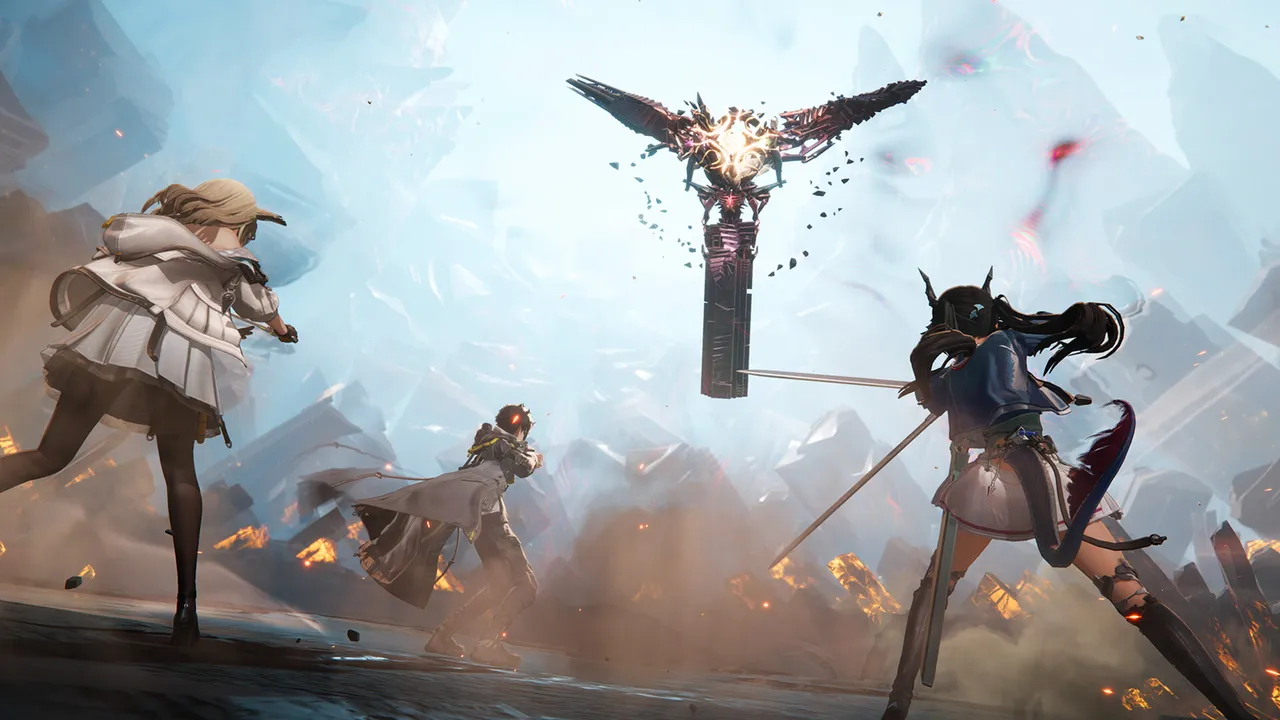 Three Operators fight a winged mechanical enemy amid explosions on a ruined battlefield in Arknights: Endfield
