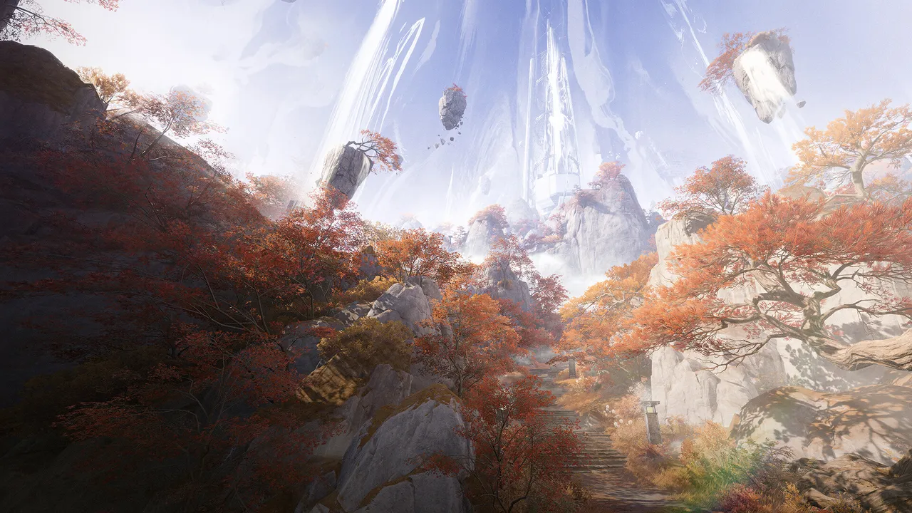 Autumn trees, sunlit cliffs and floating rocks under a bright hazy sky in Arknights: Endfield
