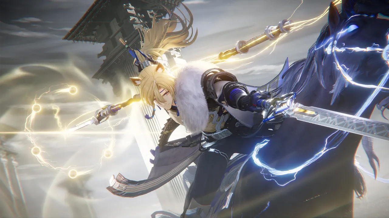 A blond Operator on a lightning-wreathed horse wields a sword and spear in a close-up combat shot in Arknights: Endfield