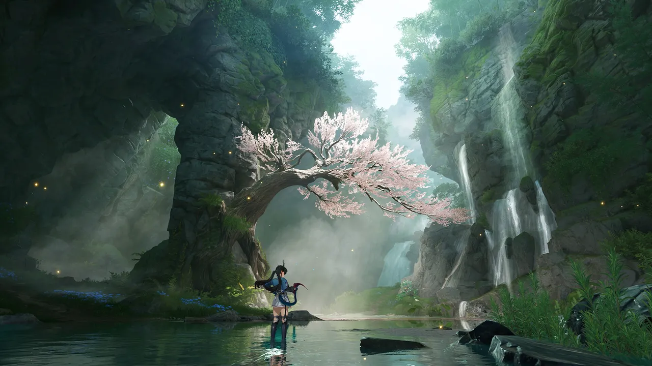 An Operator stands in a misty river beneath a blossoming tree and waterfalls in Arknights: Endfield