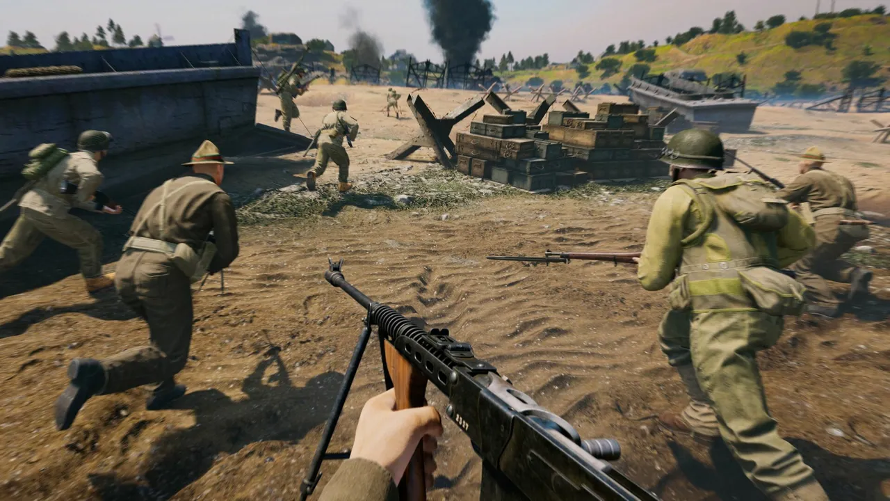 Soldiers charge across a sandy beach past tank obstacles toward a fortified wall in Enlisted