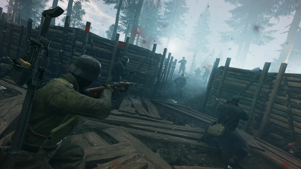 A soldier aims from a log-lined trench in a foggy, sunlit pine forest in Enlisted