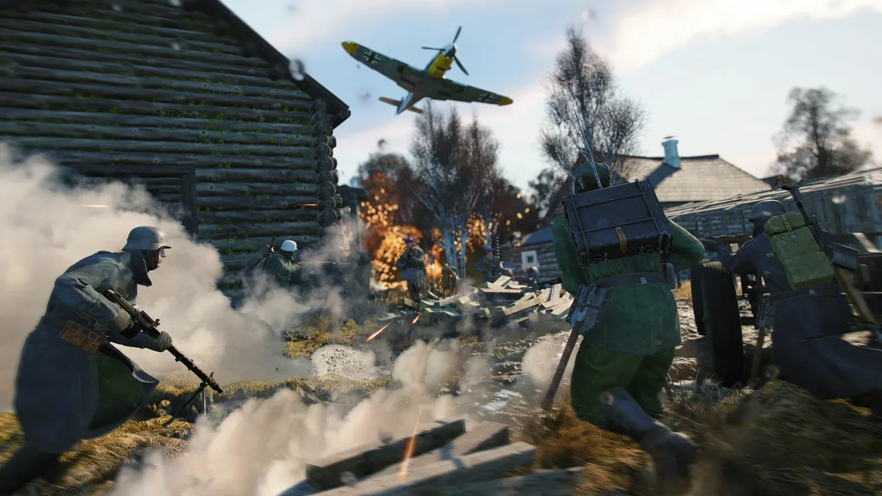 Infantry advance through smoke and fire in a wooden village as a plane passes overhead in Enlisted