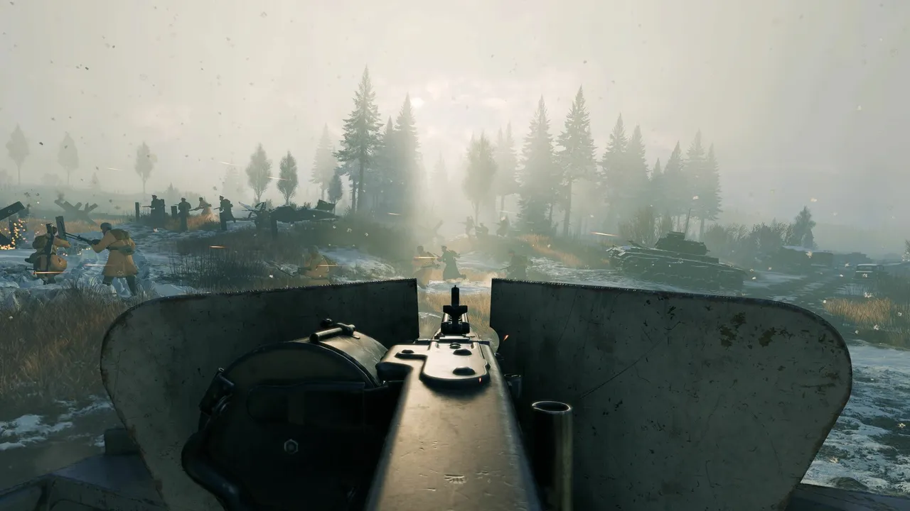 A shielded machine gun overlooks a misty, snow-covered forest battlefield in Enlisted