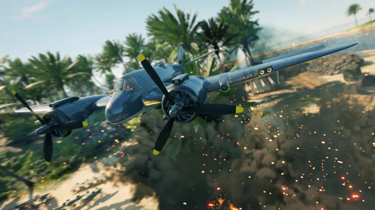 A fighter plane flies low over palm trees and an exploding tropical beach in Enlisted