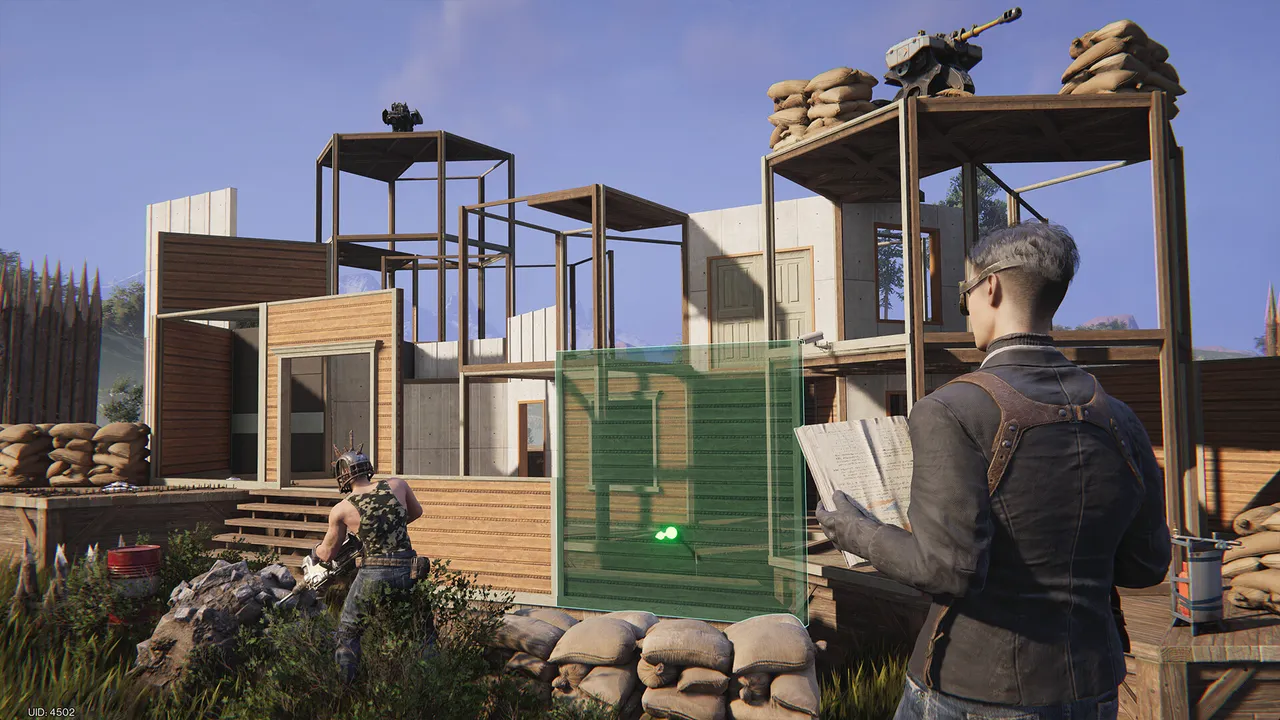 A player holds a blueprint while placing a green building outline next to a wooden base in Once Human
