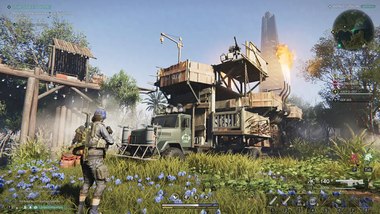 An armed survivor walks through tall grass beside a fortified mobile base truck in Once Human