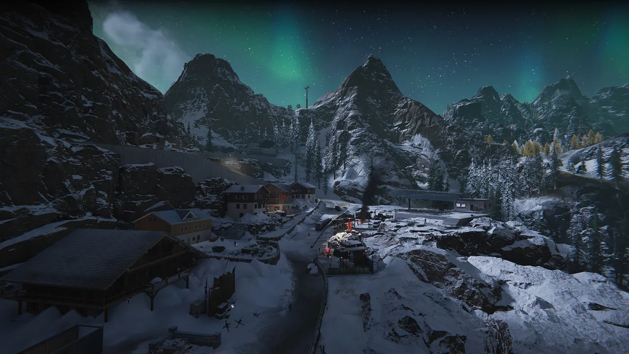 Green aurora lights glow above snowy mountains and a frozen valley settlement at night in Once Human