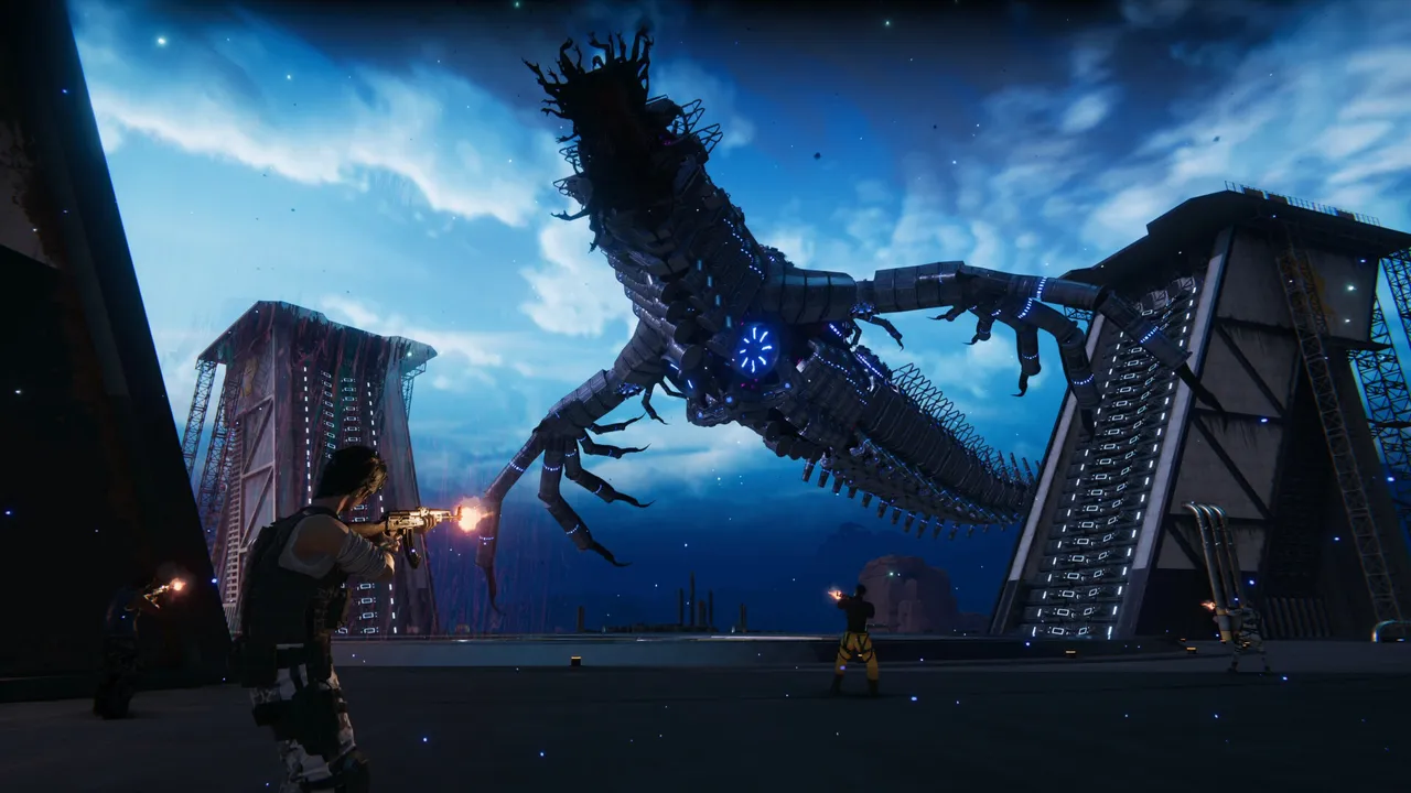 Players open fire on a giant mechanical serpent creature flying between towers at night in Once Human