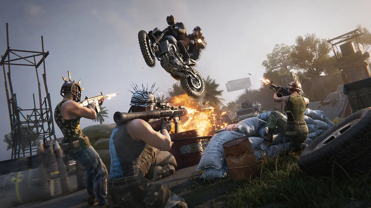 Armed survivors shoot from behind sandbags while a rider jumps a dirt bike overhead in Once Human