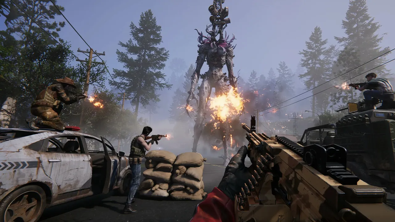 A squad fights behind sandbags and wrecked cars as a towering creature looms in the forest in Once Human
