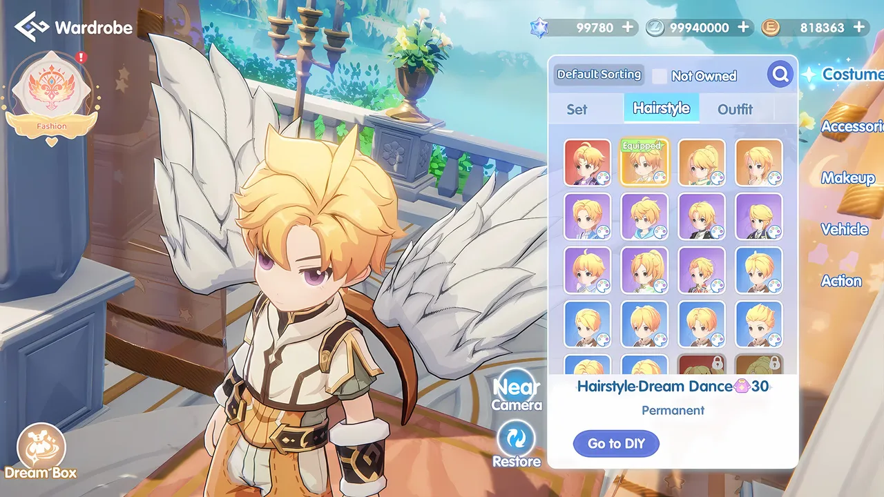 A winged blond character previews outfits in the wardrobe costume menu in Ragnarok Online: World Journey