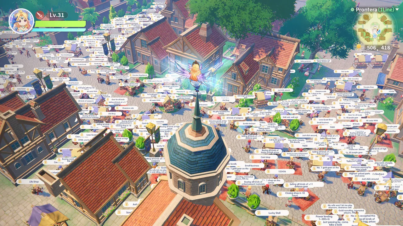 Crowds of players fill a town plaza with vending shop signs above their heads in Ragnarok Online: World Journey