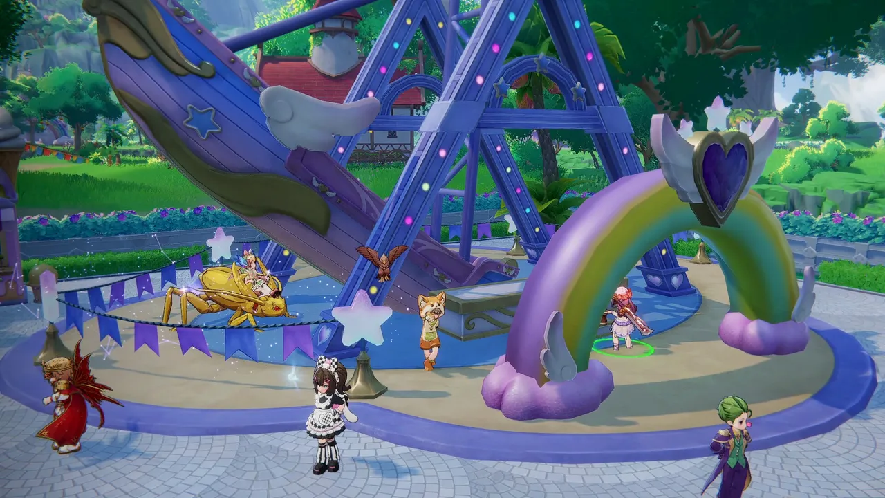 A colorful amusement park with a swinging ship ride and rainbow arch under blue sky in Ragnarok Online: World Journey