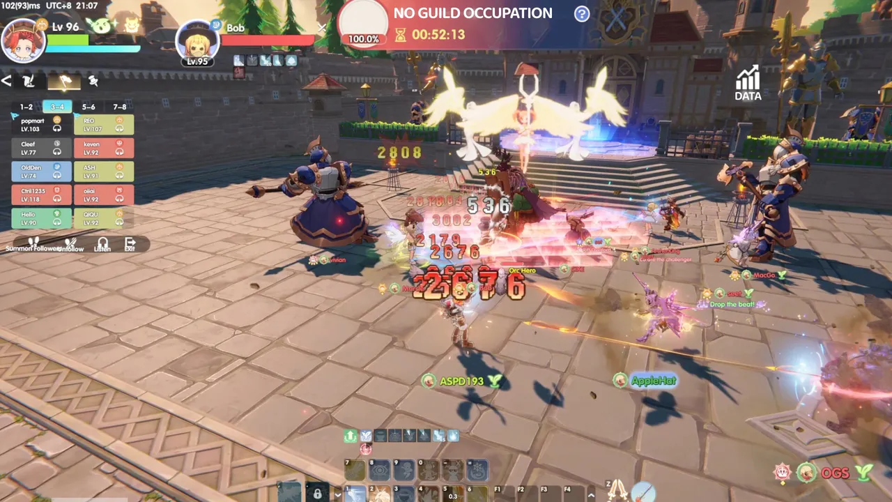 Players clash with skill effects and damage numbers during a guild occupation battle in Ragnarok Online: World Journey