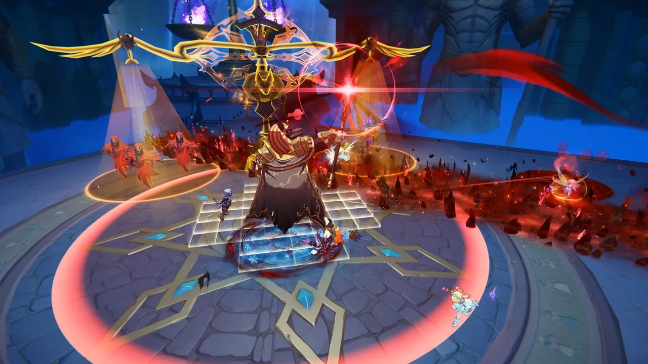 Players battle a towering armored boss amid red spell effects in a grand hall in Ragnarok Online: World Journey