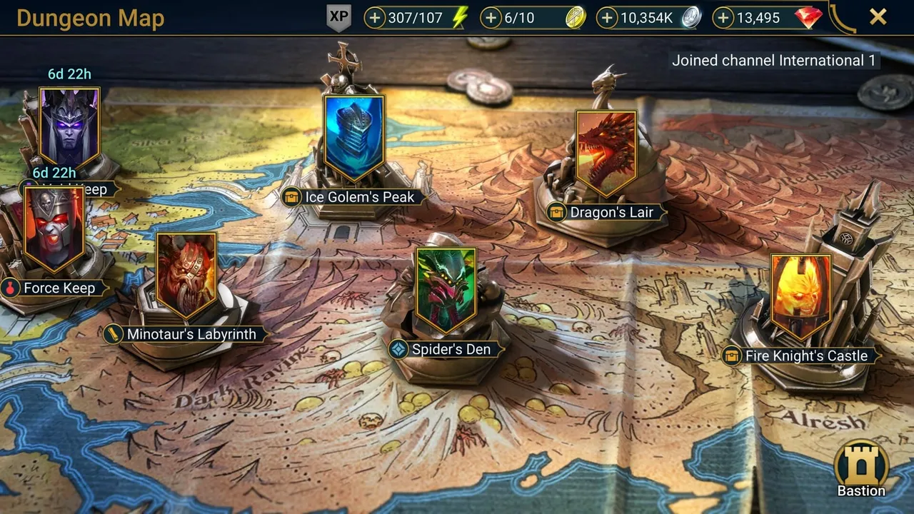 The Dungeon Map with Dragon's Lair, Ice Golem's Peak, Spider's Den and Fire Knight's Castle in RAID: Shadow Legends