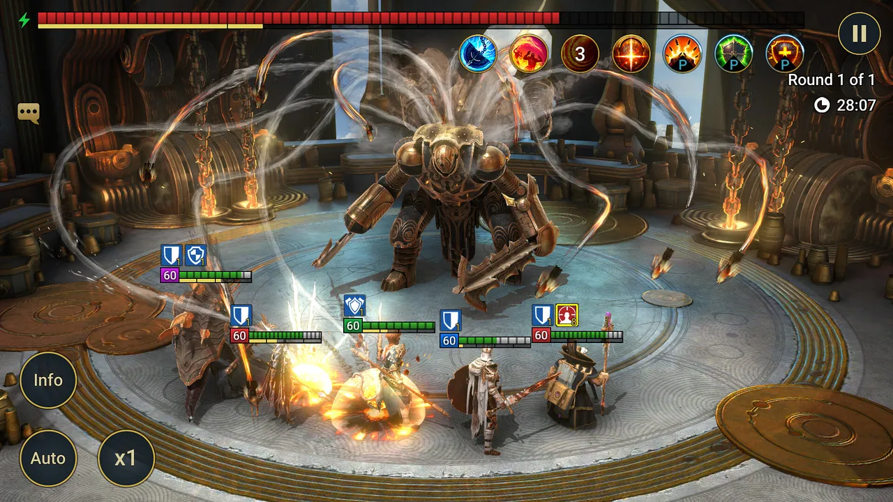 A team of champions battles a giant armored boss inside a torch-lit hall in RAID: Shadow Legends