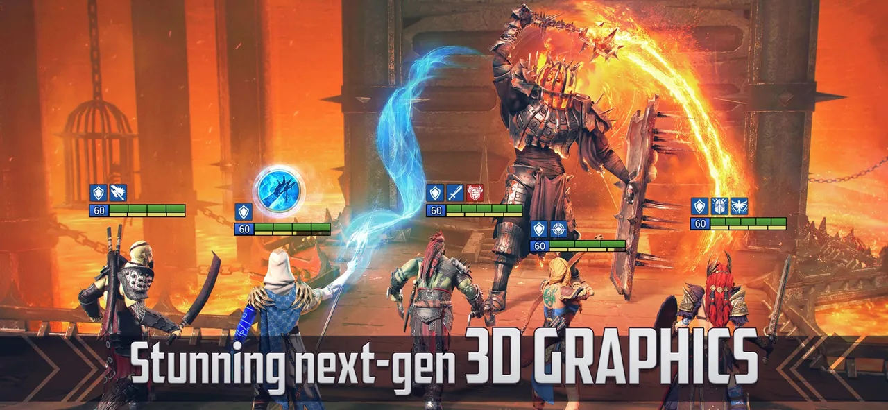 A flaming armored boss swings a fiery blade at champions in a blazing fortress in RAID: Shadow Legends