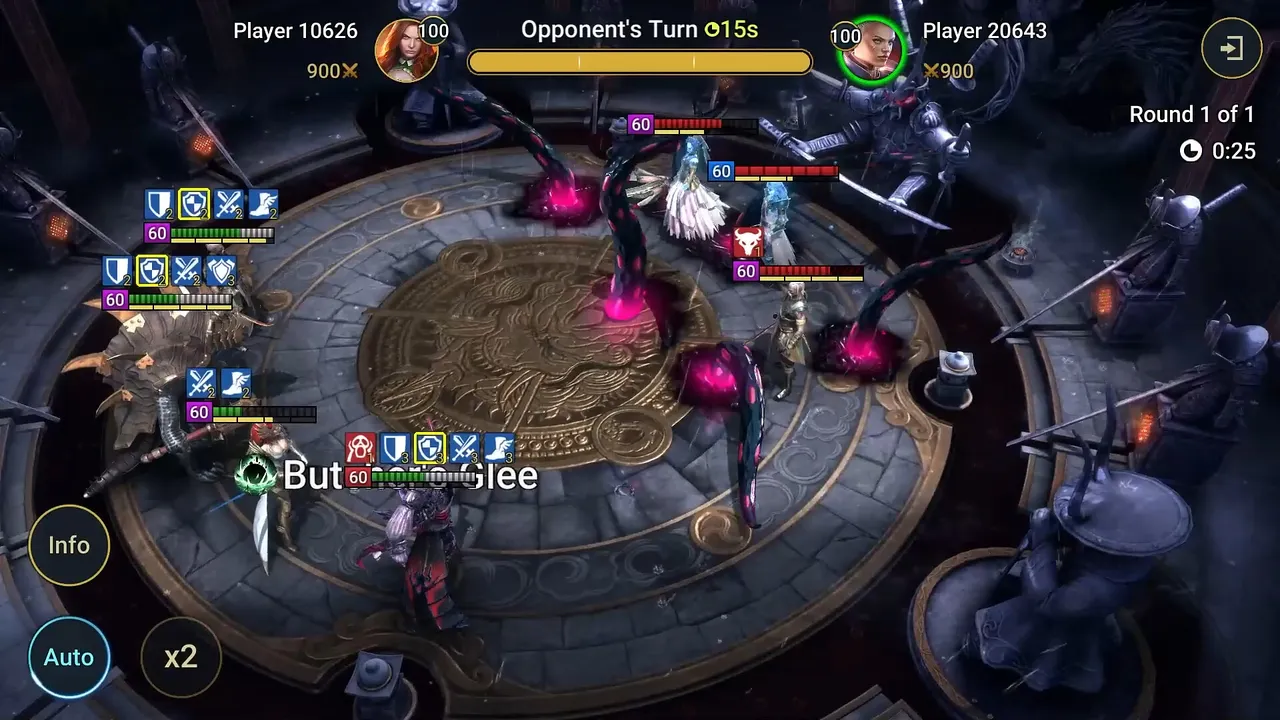 Two players' teams face off on a circular stone arena during a PvP battle in RAID: Shadow Legends