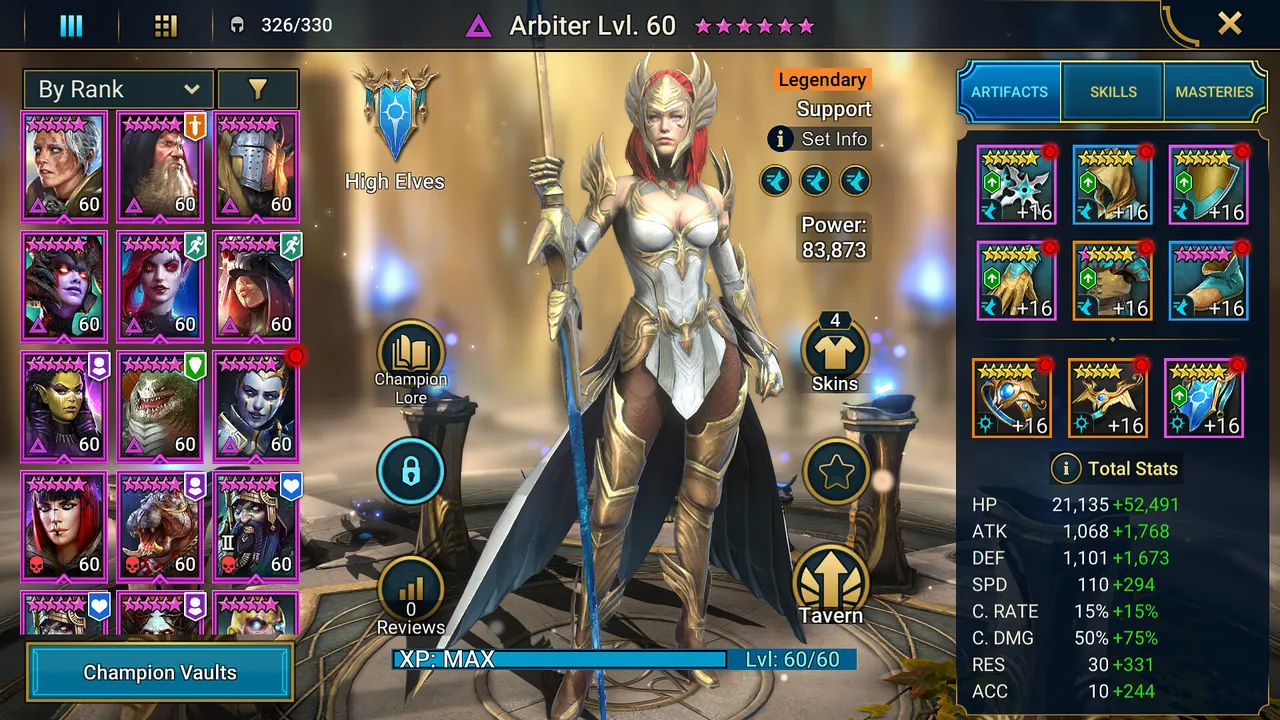 The champion screen showing the Legendary Arbiter at level 60 with her artifacts and stats in RAID: Shadow Legends