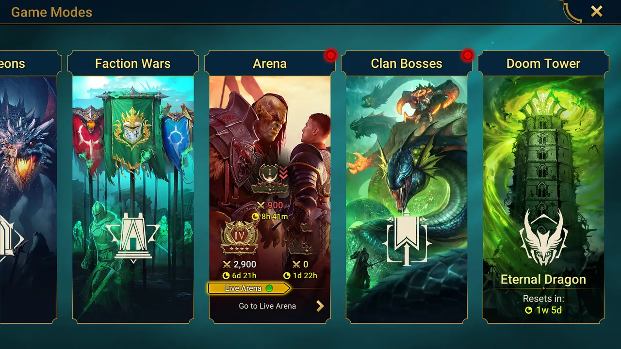 The Game Modes menu showing Faction Wars, Arena with Live Arena, Clan Bosses and Doom Tower in RAID: Shadow Legends