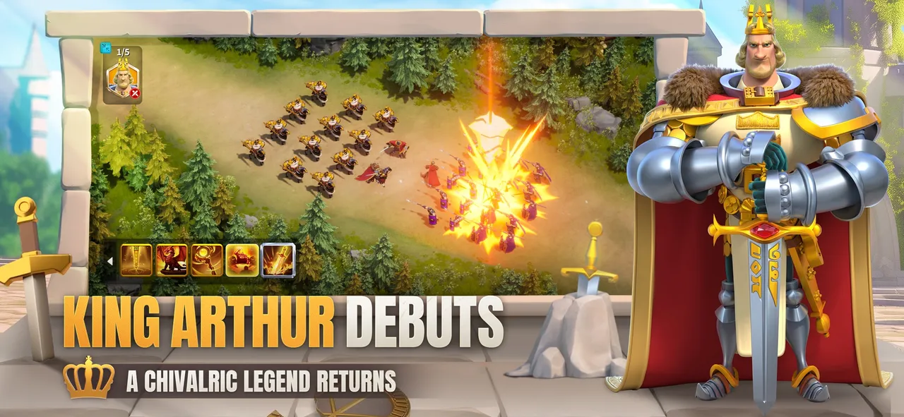 Armored King Arthur standing beside a fiery battle among troops on the map in Rise of Kingdoms