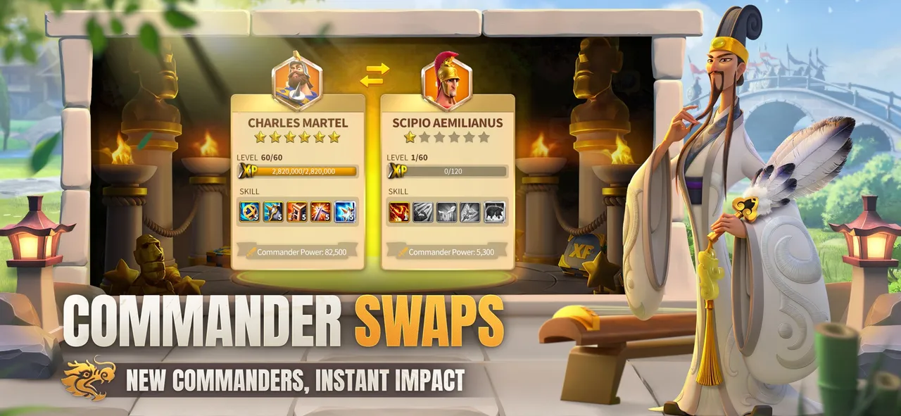 Commander swap screen comparing Charles Martel and Scipio Aemilianus cards in Rise of Kingdoms