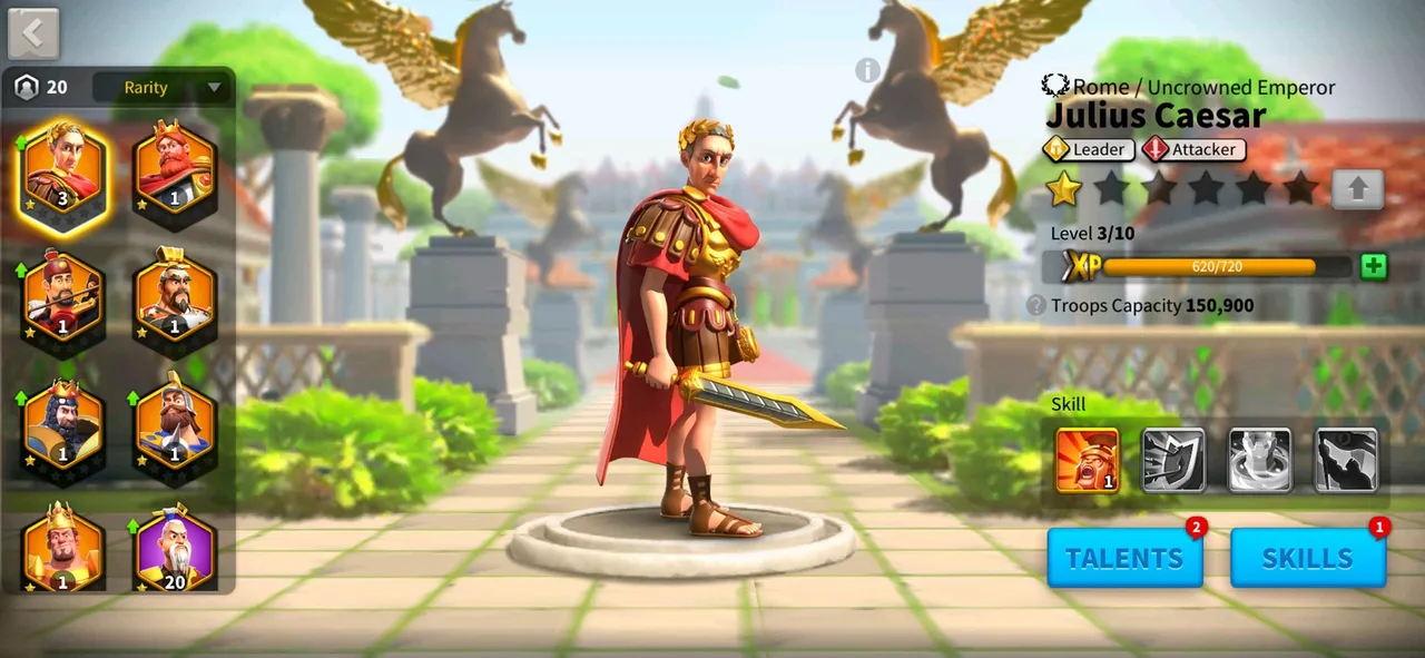 Commander screen showing Julius Caesar with his talents and skills buttons in Rise of Kingdoms