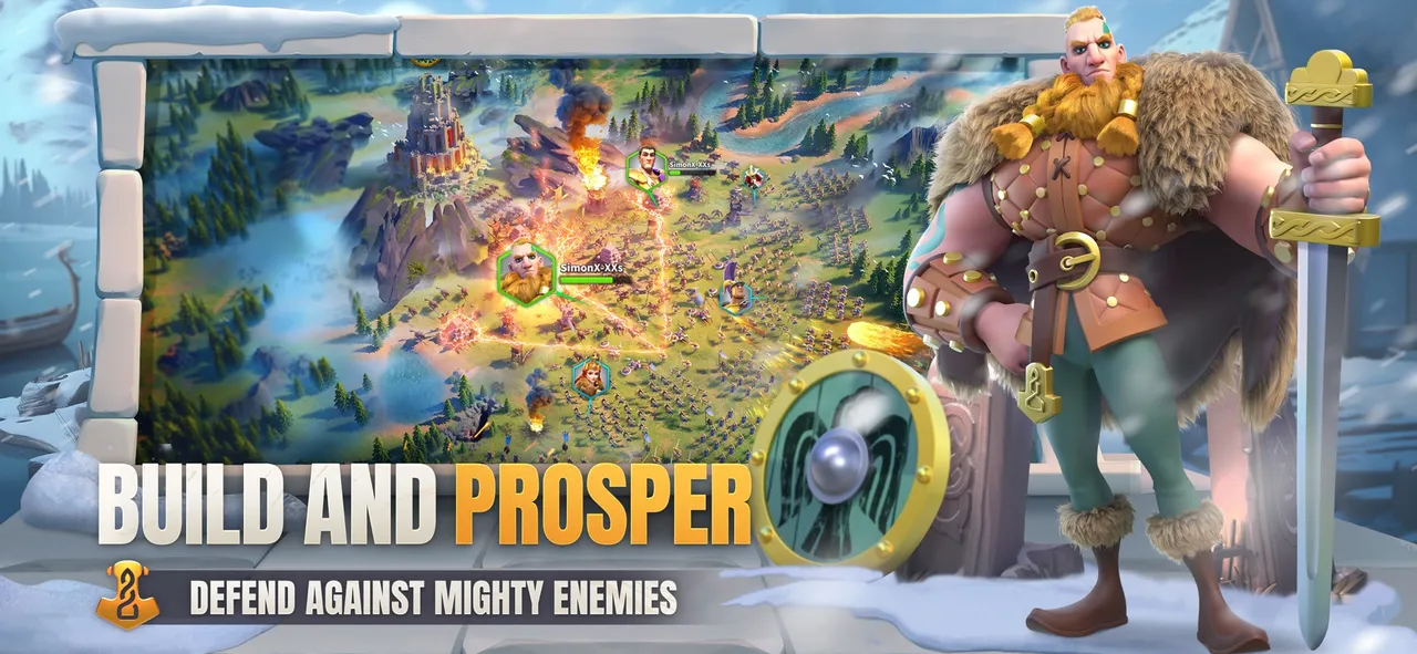 Fur-clad Viking warrior in front of a snowy world map battle scene in Rise of Kingdoms