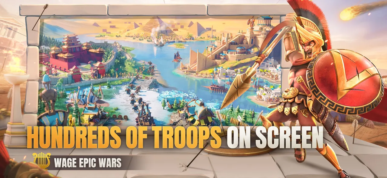 Spartan-style warrior beside a coastal world map filled with marching troops in Rise of Kingdoms