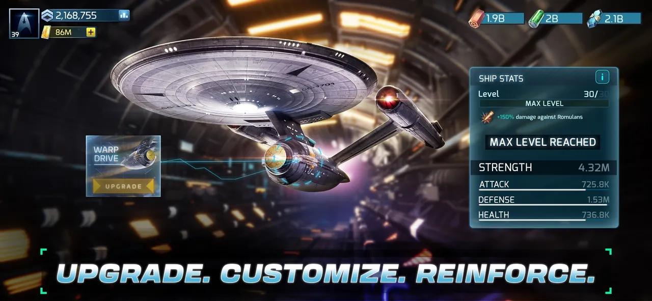 A starship beside its ship stats panel showing max level reached in Star Trek Fleet Command
