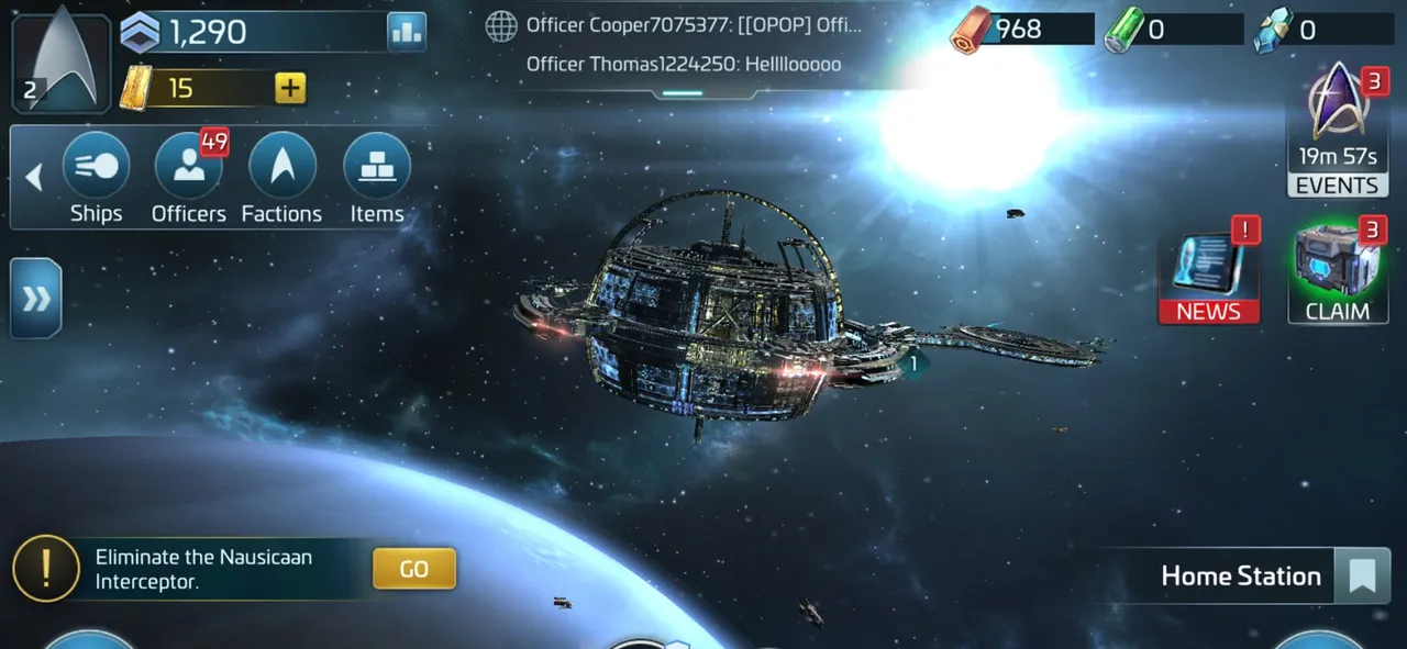 A player's home station orbiting a planet, with ships, officers and events menus, in Star Trek Fleet Command