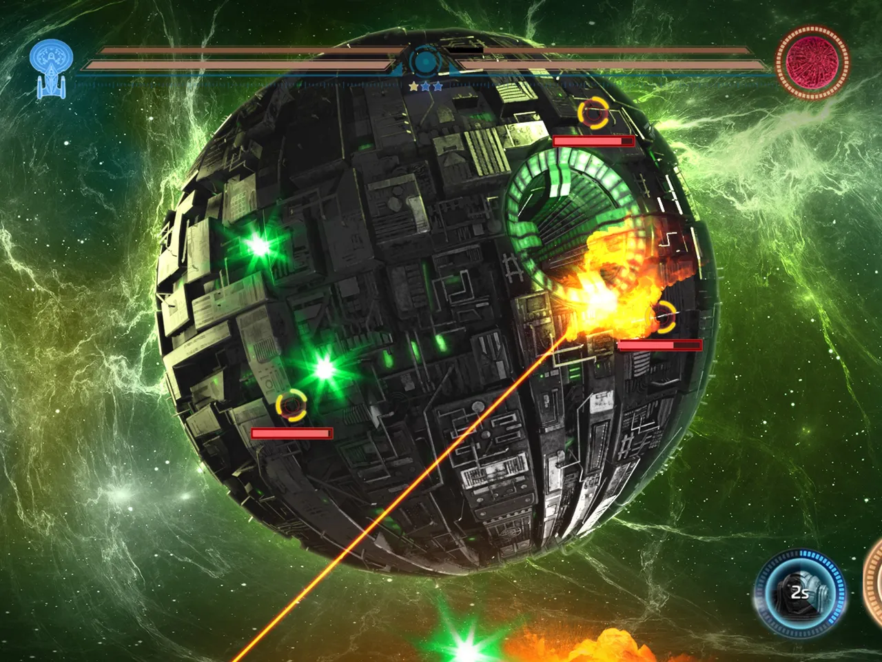 A giant dark spherical vessel under orange laser fire against a glowing green nebula in Star Trek Fleet Command