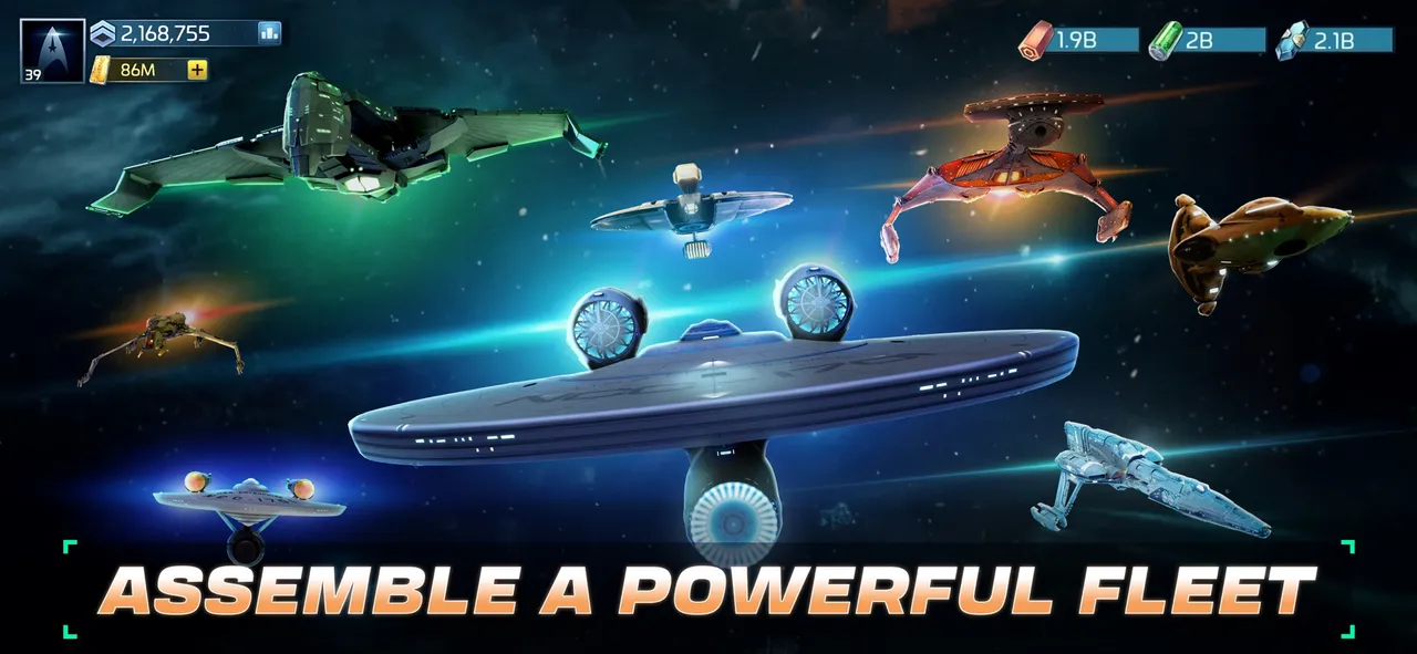 A fleet of Federation, Klingon and Romulan-style ships gathered above a glowing planet in Star Trek Fleet Command