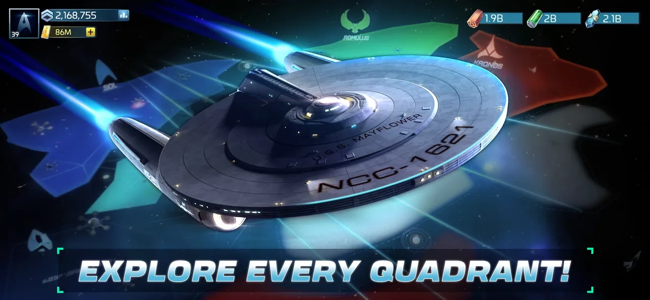The U.S.S. Enterprise NCC-1701 warping across a starfield under the banner Explore Every Quadrant in Star Trek Fleet Command