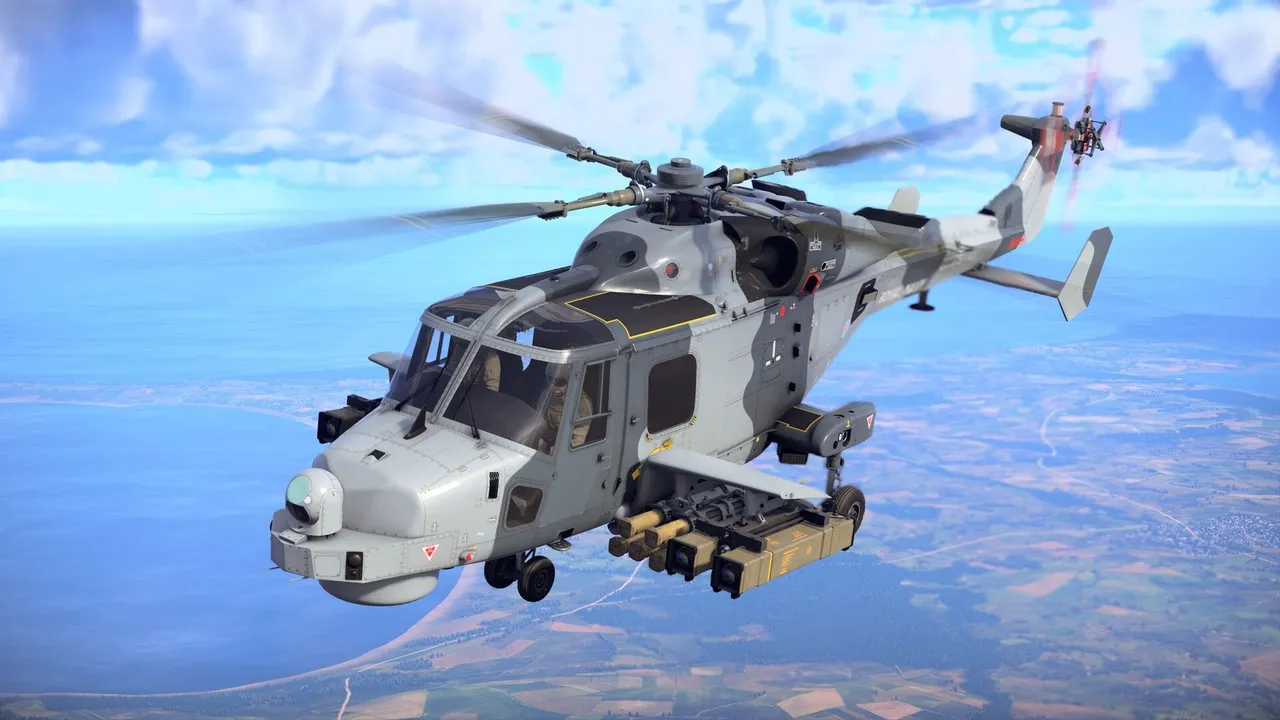 A gray attack helicopter loaded with rockets and missiles flies low over the coastline in War Thunder