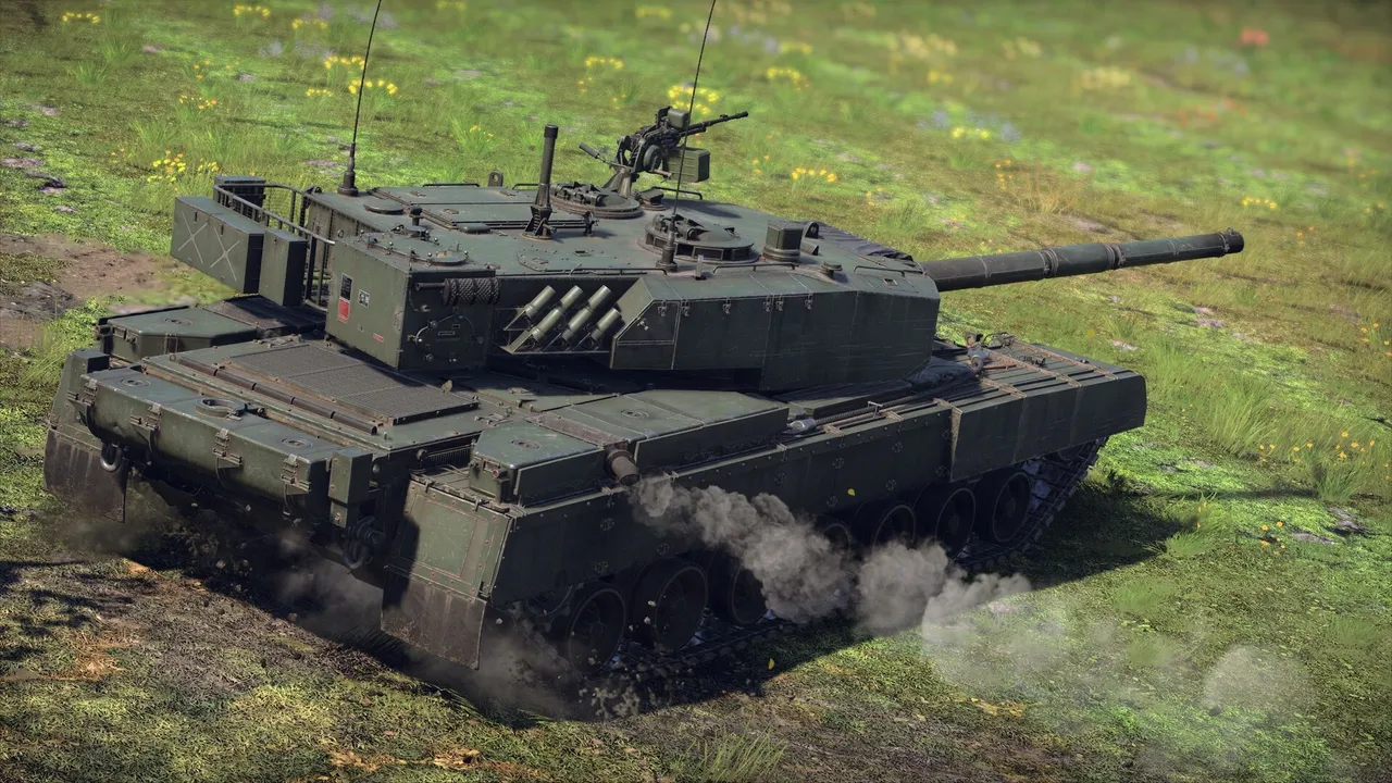 A dark green main battle tank churns up dirt as it drives across a grassy field in War Thunder