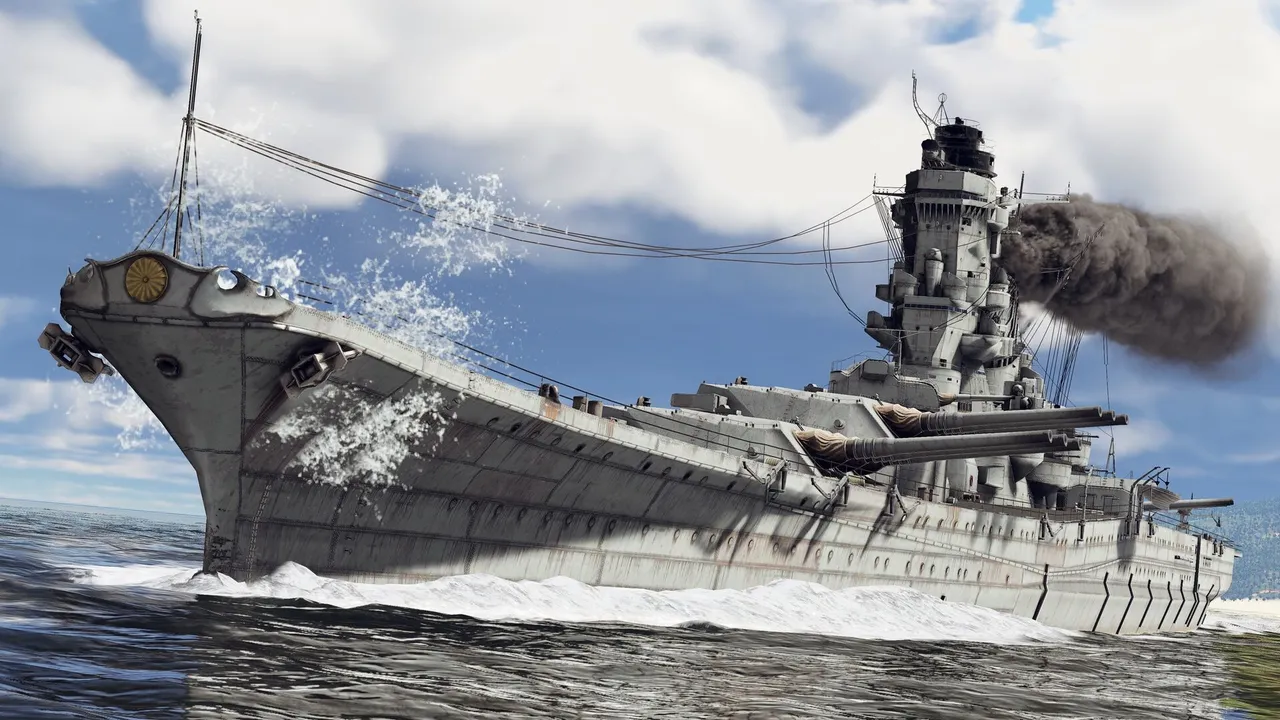 A large battleship cuts through ocean waves with dark smoke rising from its funnel in War Thunder