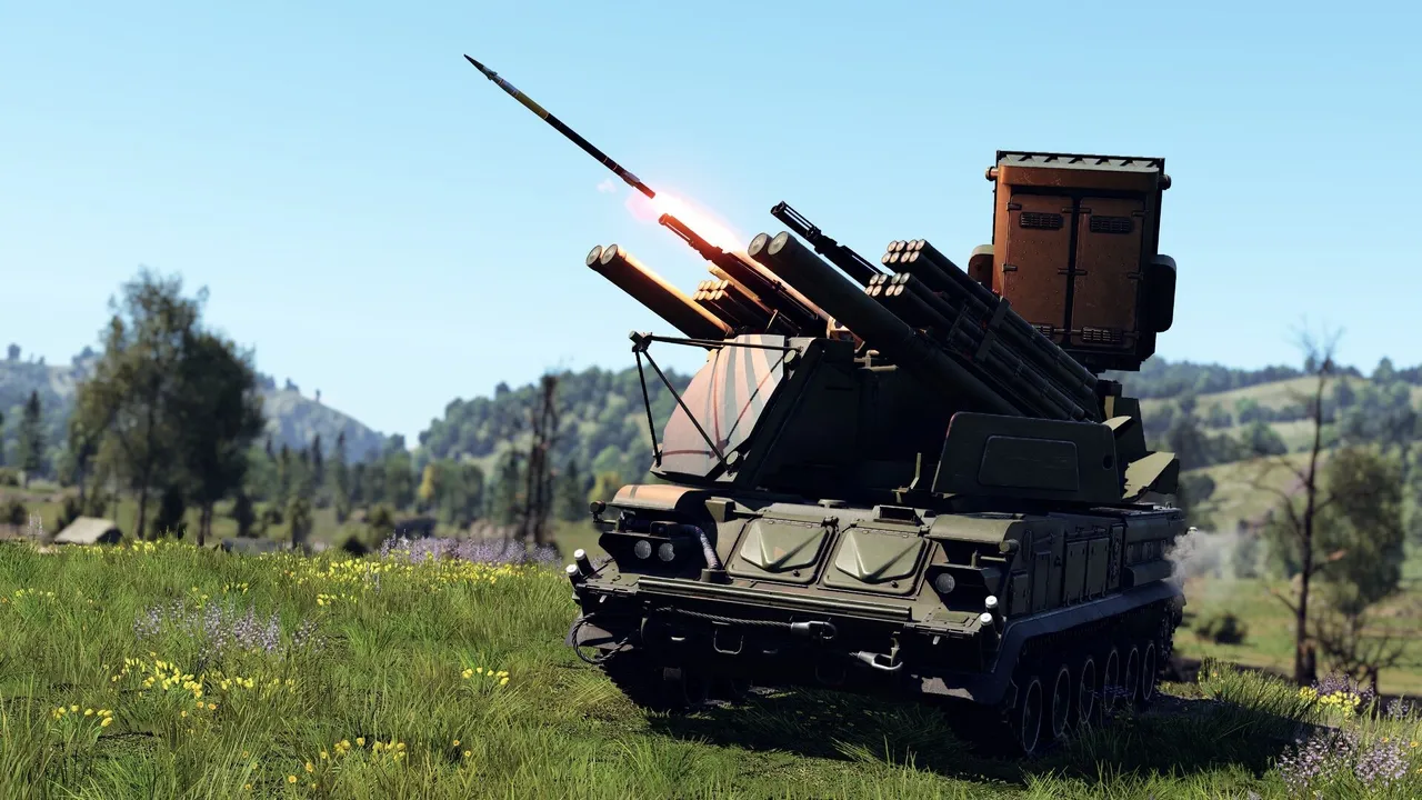 A tracked surface-to-air missile vehicle launches a missile from a grassy hillside in War Thunder
